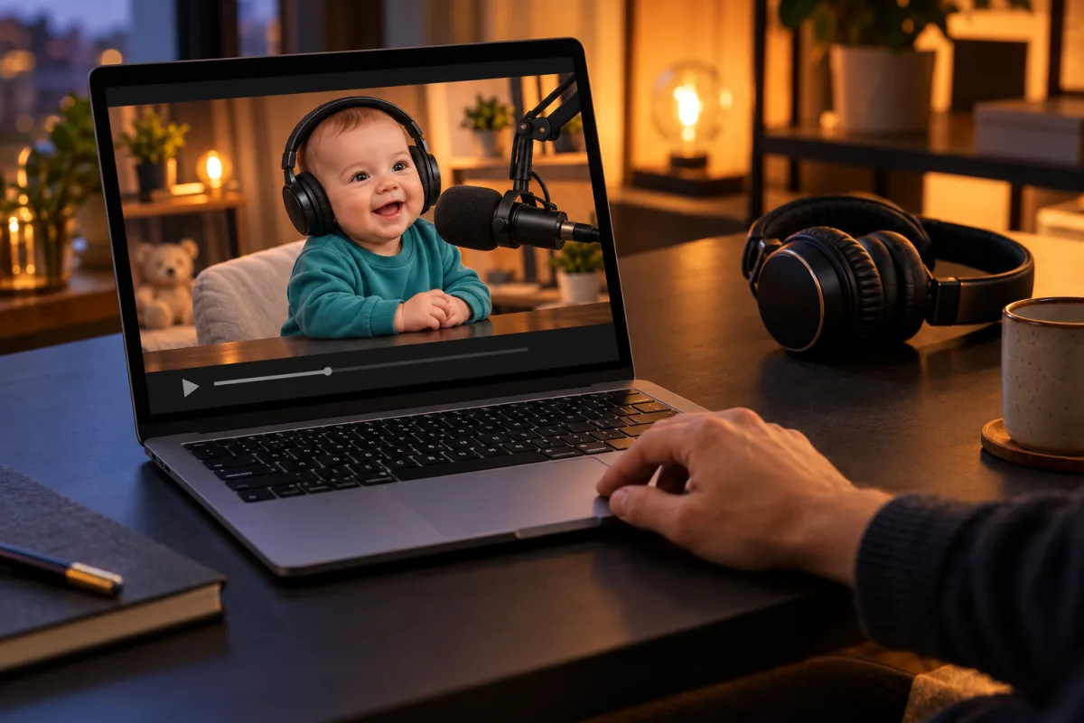AI concept of a person reviewing a fictional talking-baby video on a laptop beside headphones