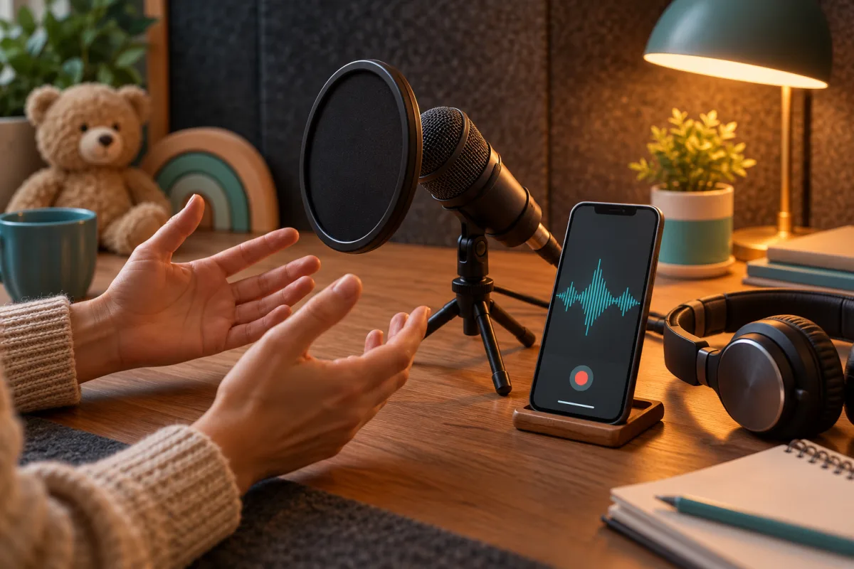 AI concept of adult hands recording speech beside a desk microphone and a phone with an abstract waveform