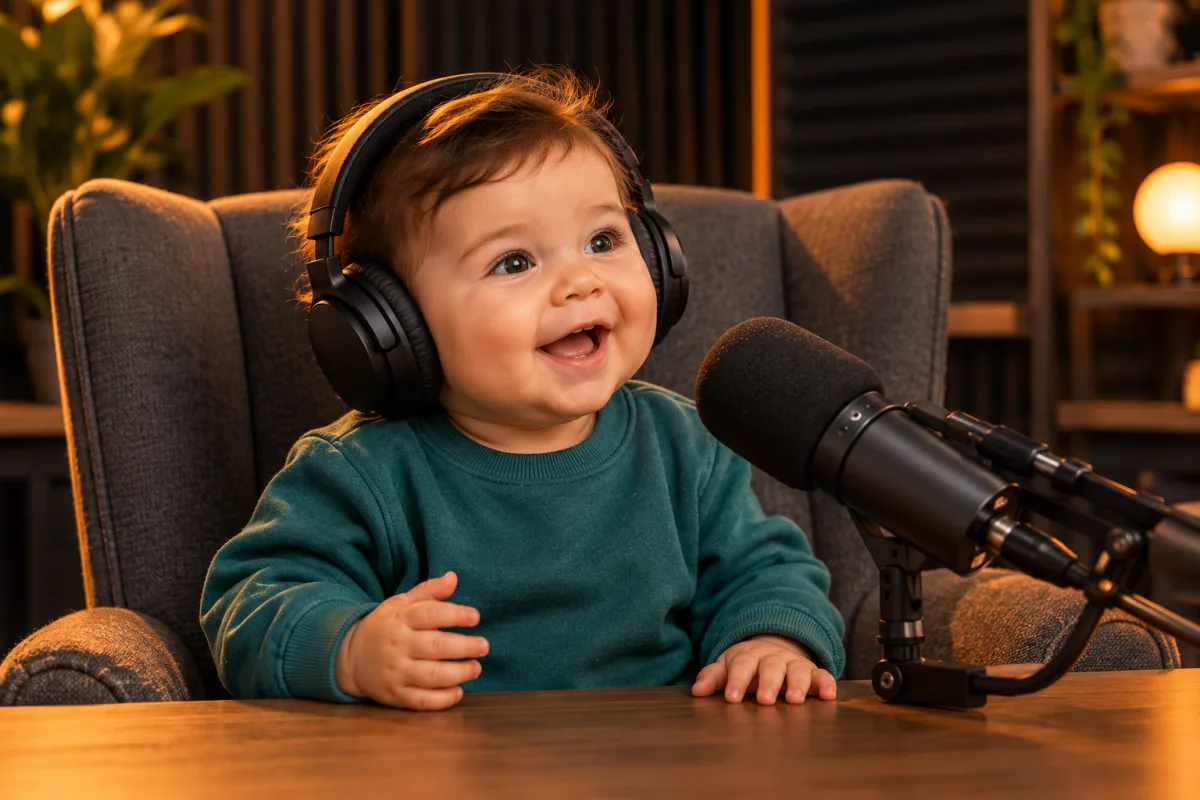 Original AI concept of a fictional baby podcast host wearing headphones beside a microphone in a warm studio