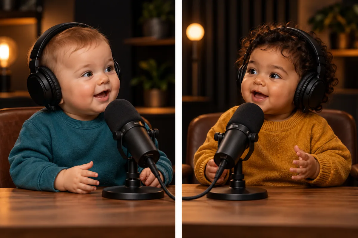 AI storyboard concept showing two different fictional baby hosts in separate podcast camera shots