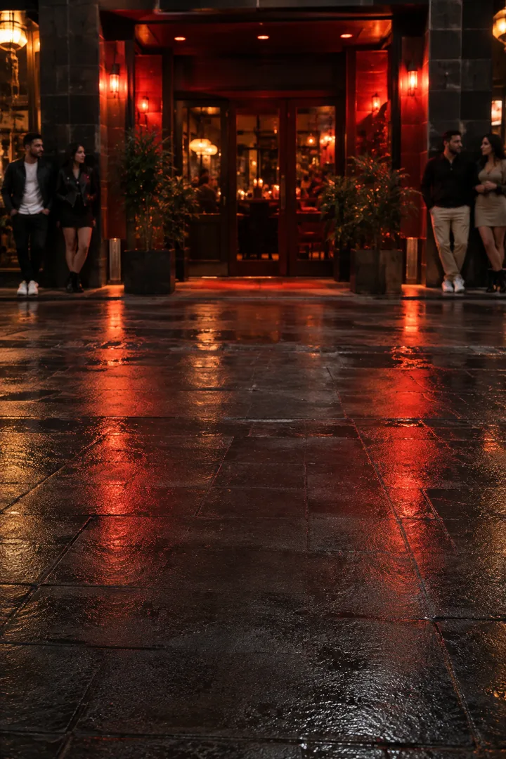 Original AI scene concept of a red-lit restaurant entrance with open foreground space and adult spectators at the edges