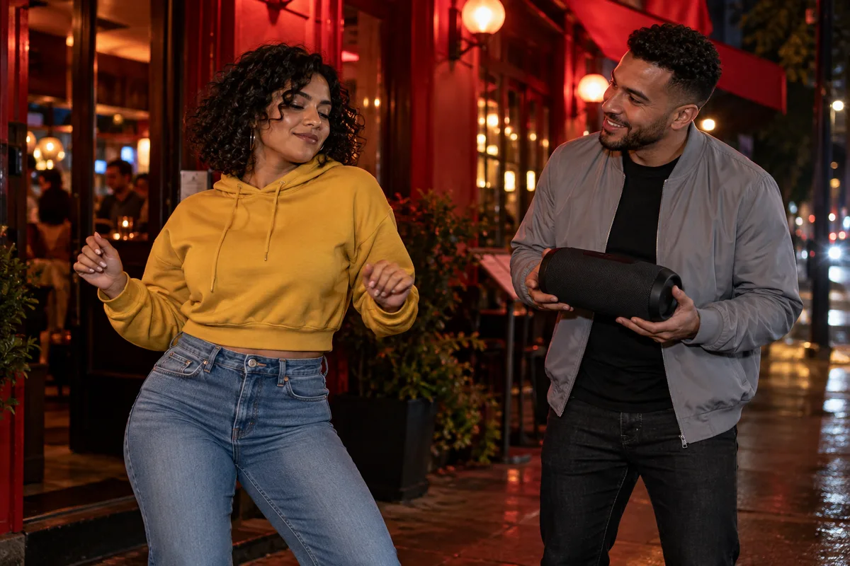 Original AI concept showing the main performer beside a separate anonymous partner holding a portable speaker