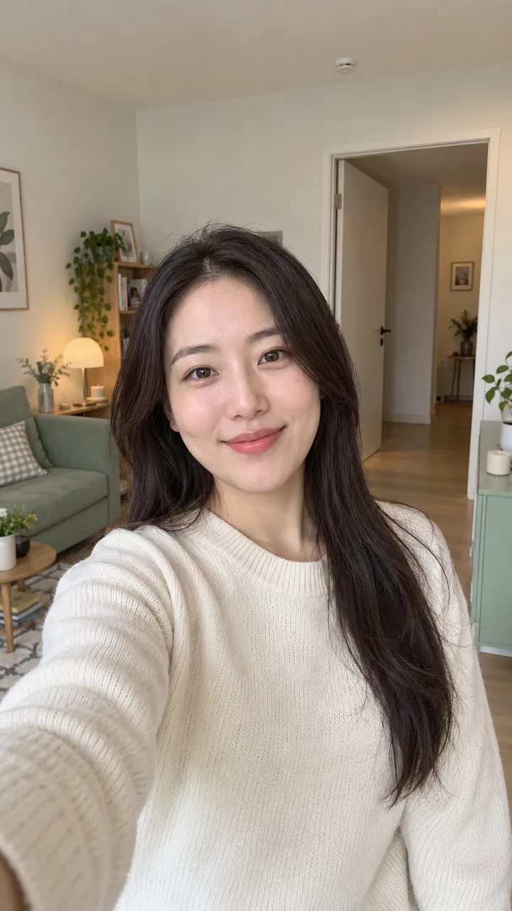 Preparation concept: a well-lit adult selfie with a clear face and open background beside the shoulders