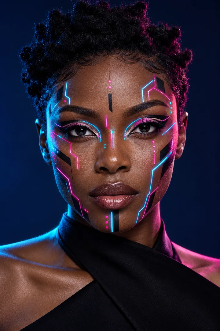 AI concept of neon circuit-line makeup and black geometric accents on an adult face
