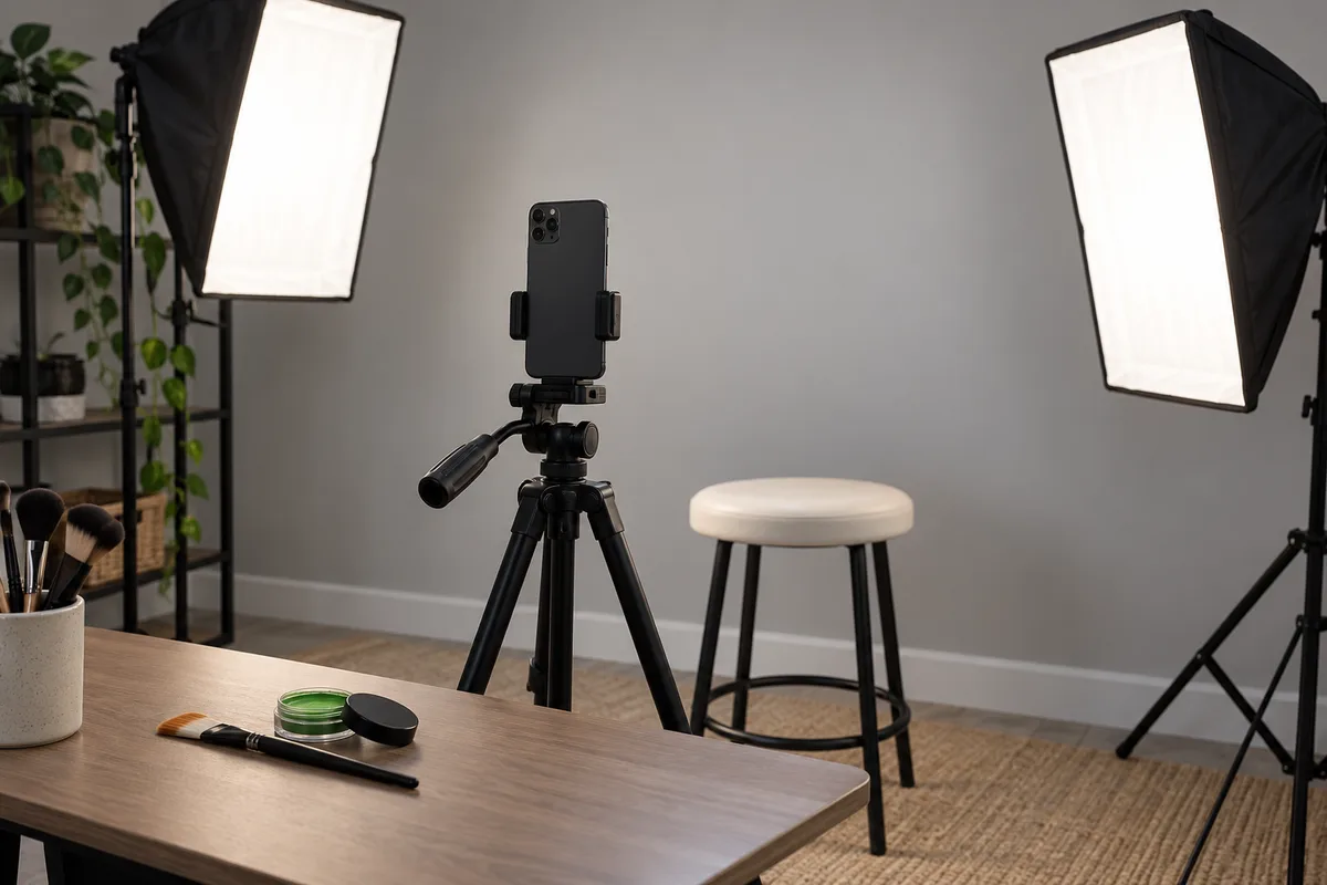AI concept of a vertical smartphone on a tripod between two soft lights beside cosmetic brushes