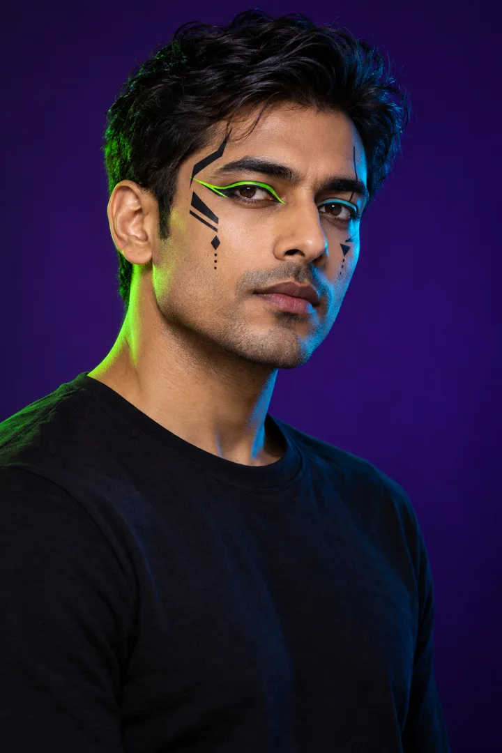 AI concept of a cyber makeup portrait with an angled head and colored edge lighting