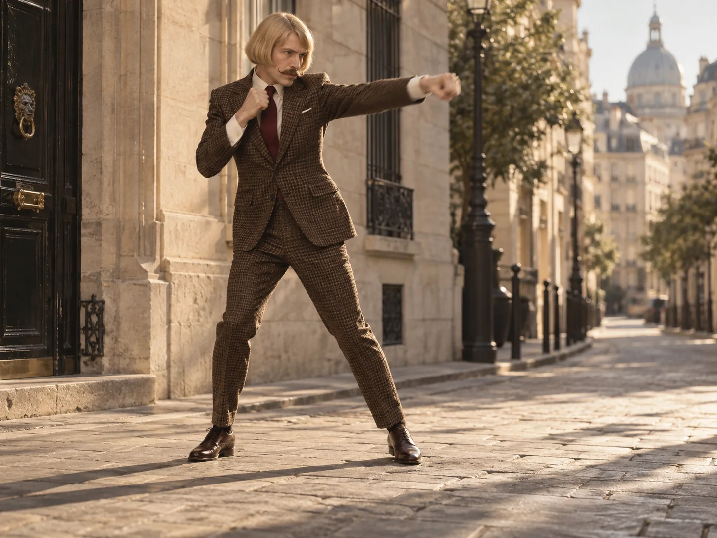 AI editorial concept: full-body shadowboxing in a tailored suit on a Paris street