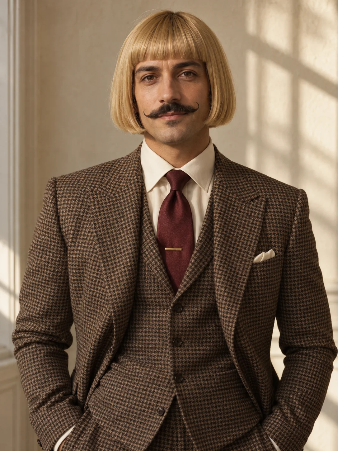 AI editorial concept of the blond bob, curled moustache and tailored suit