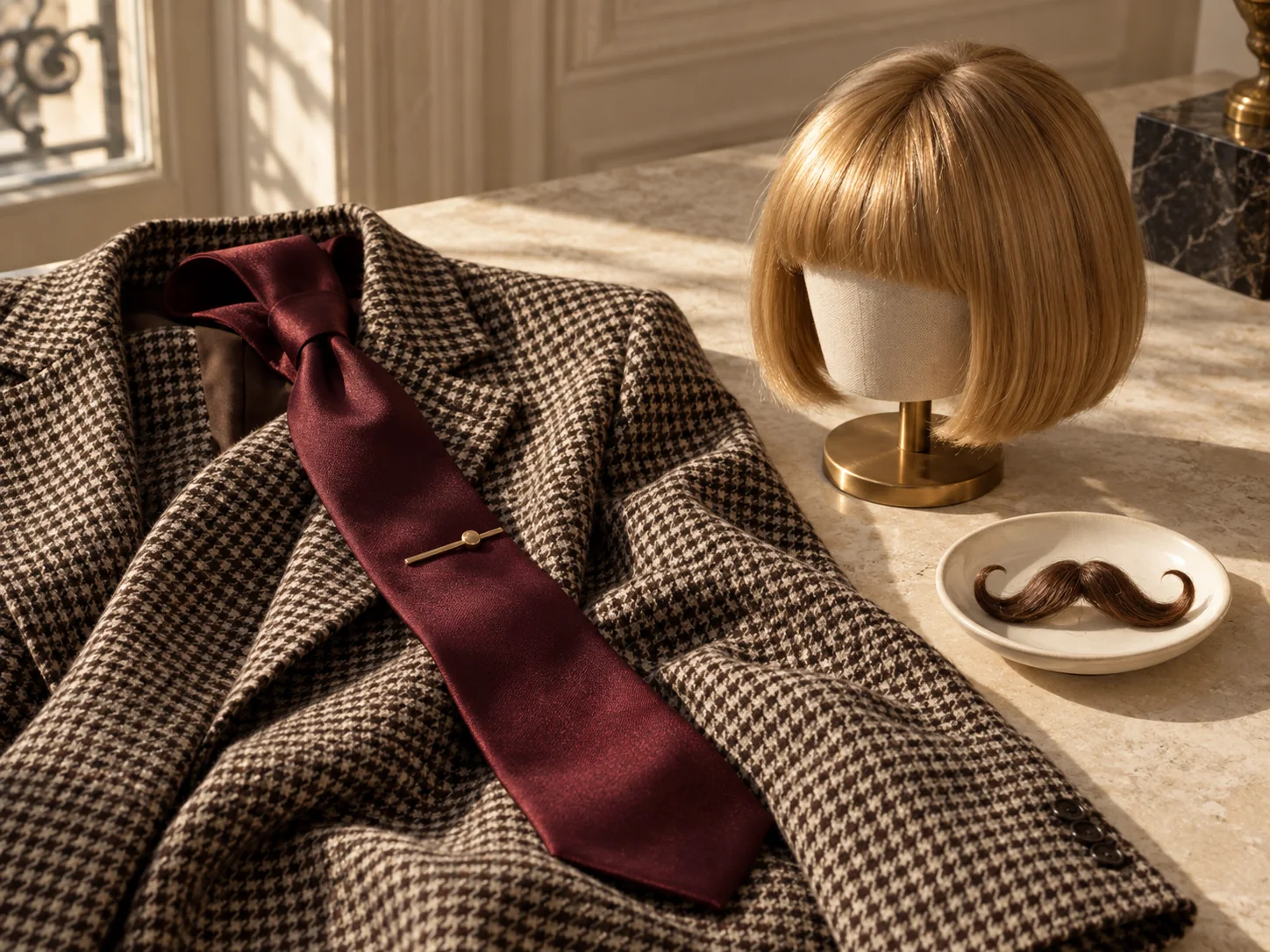 AI editorial still life: houndstooth tailoring, a tie, a blond wig and a curled moustache