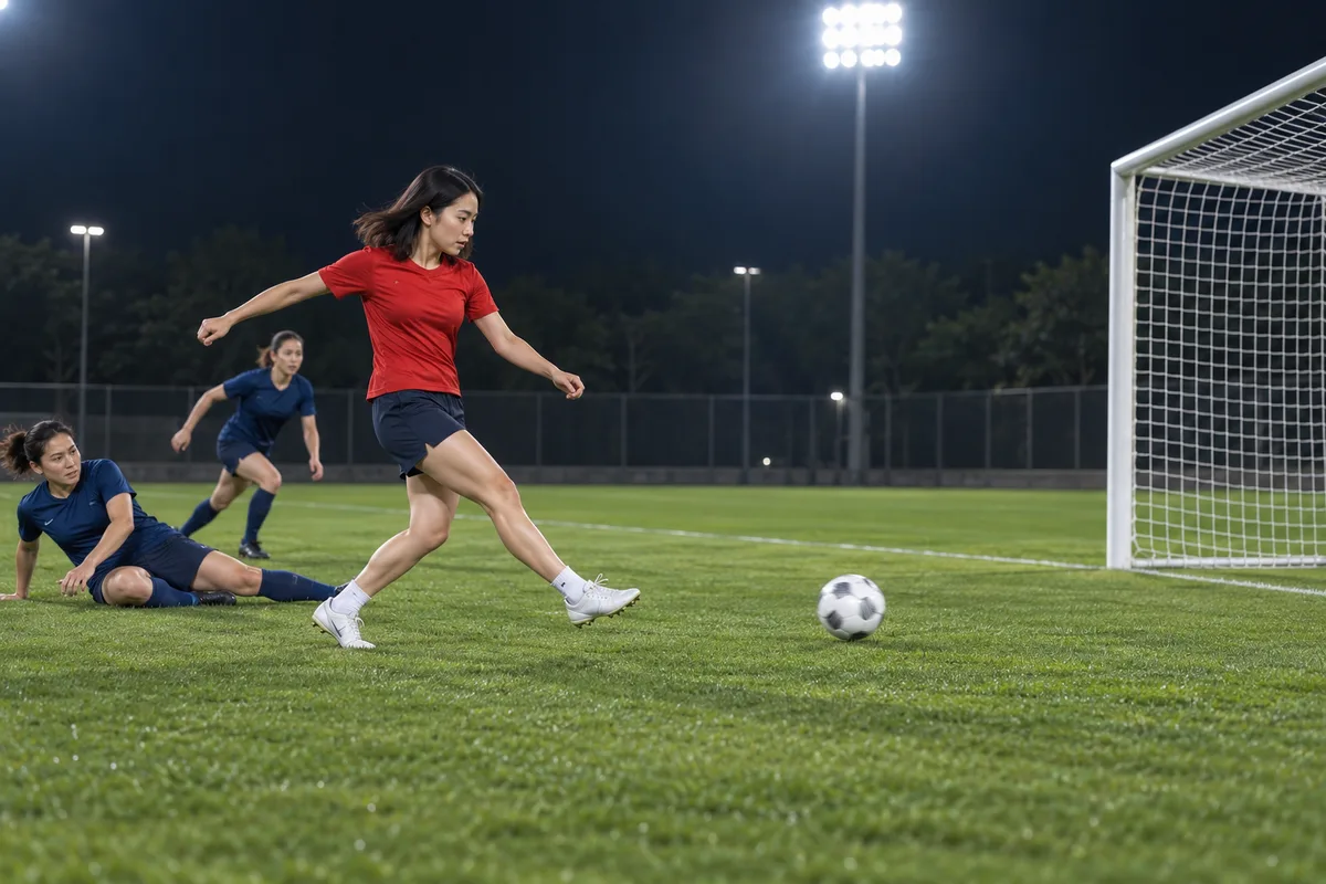 AI storyboard concept of a football shot toward a visible goal after two defenders have been beaten