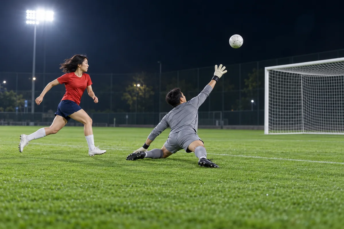 AI storyboard concept of an adult in red lifting one football over an advancing goalkeeper
