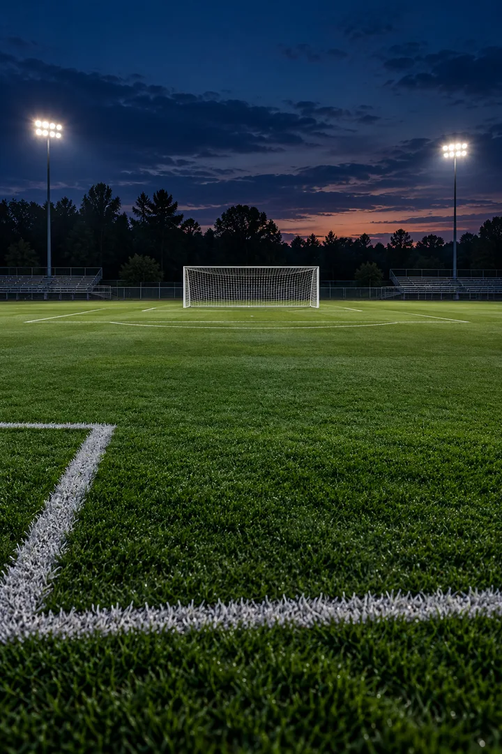 Original AI scene concept of a floodlit football pitch with open space, penalty-area lines and a visible goal