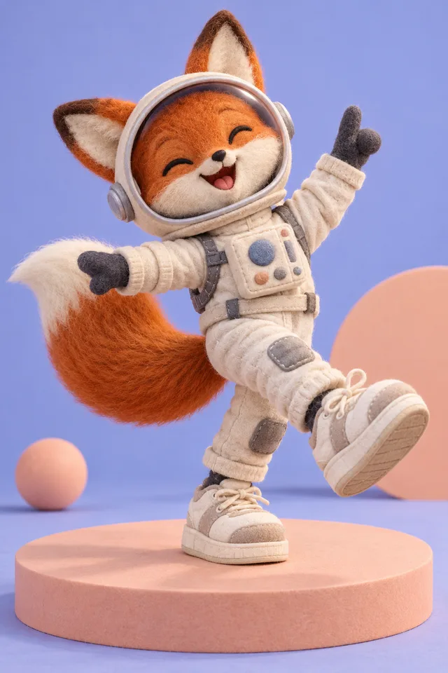 Original felt astronaut fox character on a pastel stage