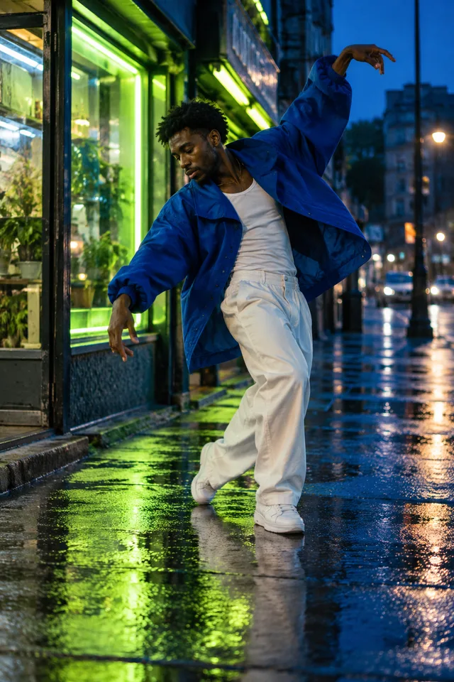 Original concept of a dancer in a cobalt jacket on a neon-lit street