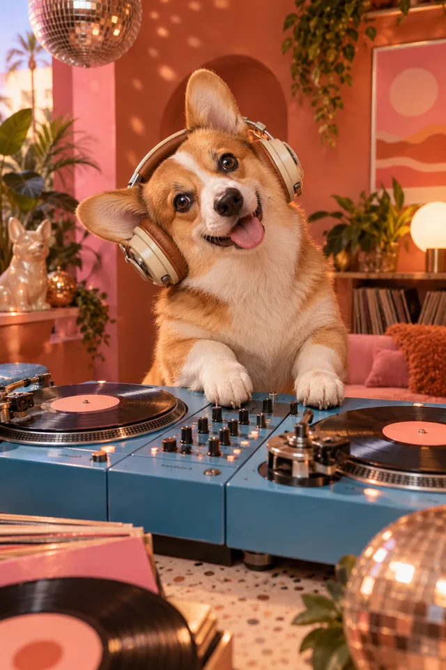 Original concept of a corgi DJ beside a colorful miniature turntable
