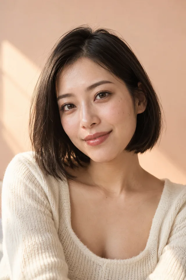 Original portrait of a fictional adult with a clear face in warm window light
