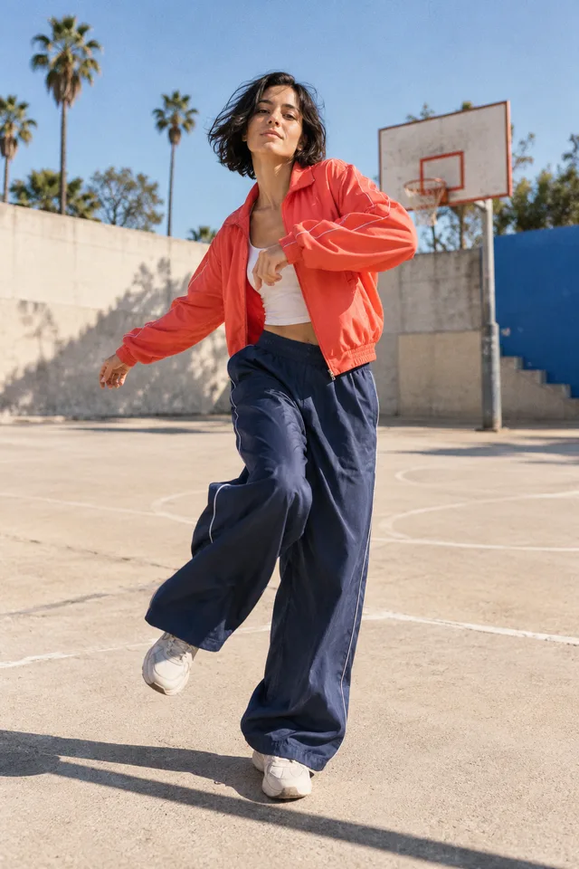 Original concept of a dancer in a coral jacket on a sunny court