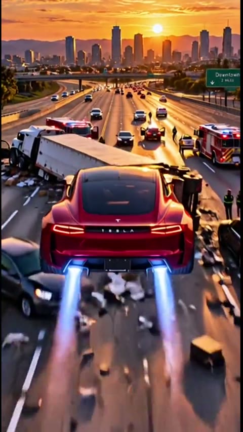 Red foreground car airborne above a blocked highway in Toddswank’s AI reference