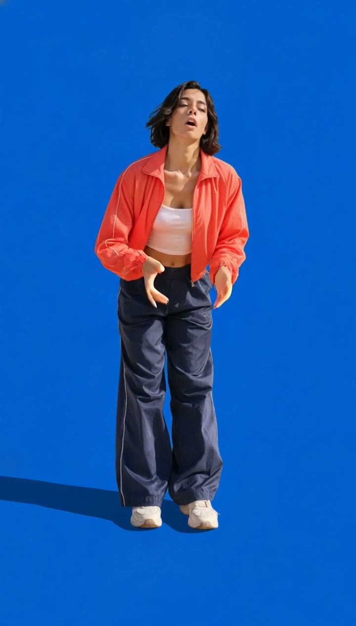 Generated example of the coral-jacket dancer on a custom blue background