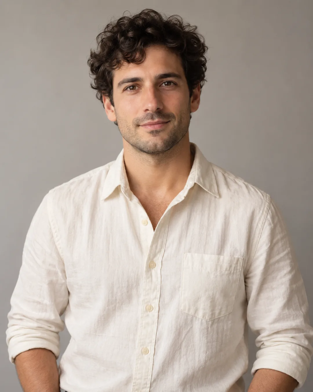 AI sample input: clear waist-up portrait with visible face and cream shirt