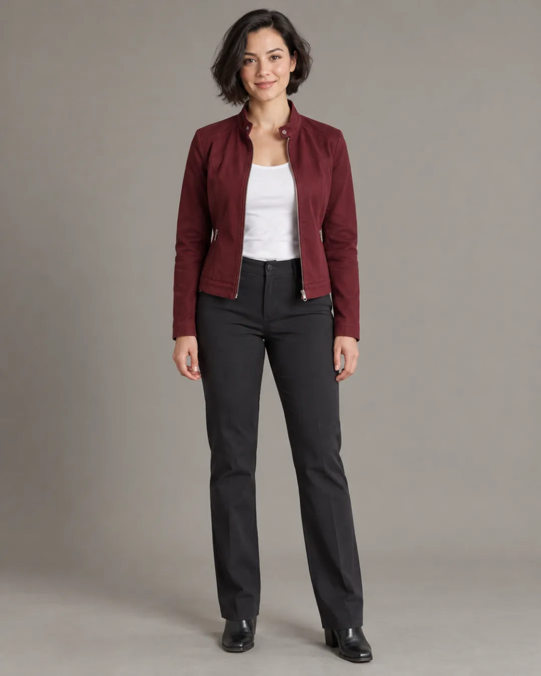 AI sample input: full-body portrait with visible burgundy jacket and dark trousers
