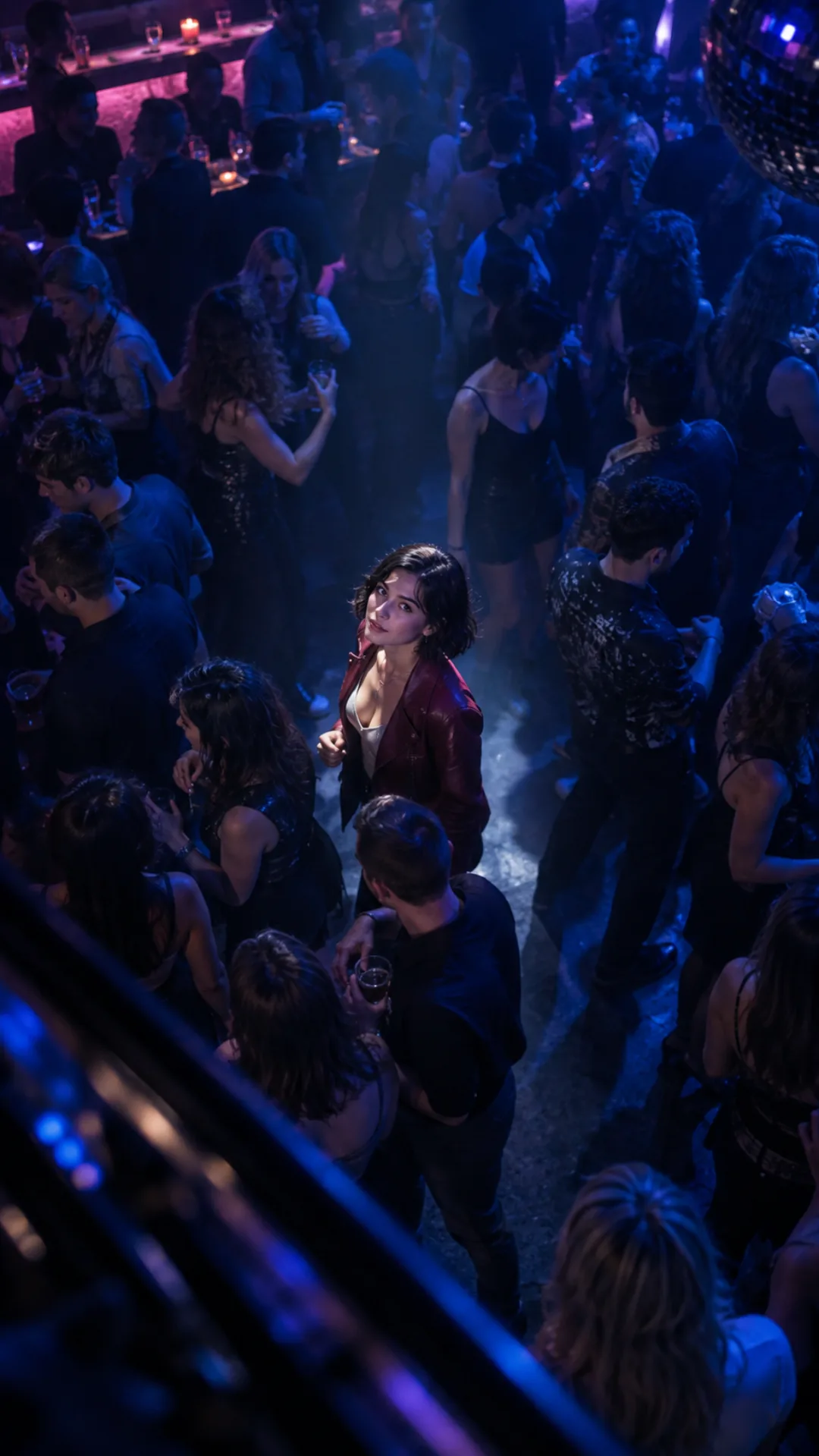 AI concept: a white spotlight singles out the second person on the dance floor