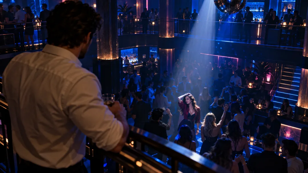 AI scene concept showing the observer above the dance floor and a separate person below in a spotlight