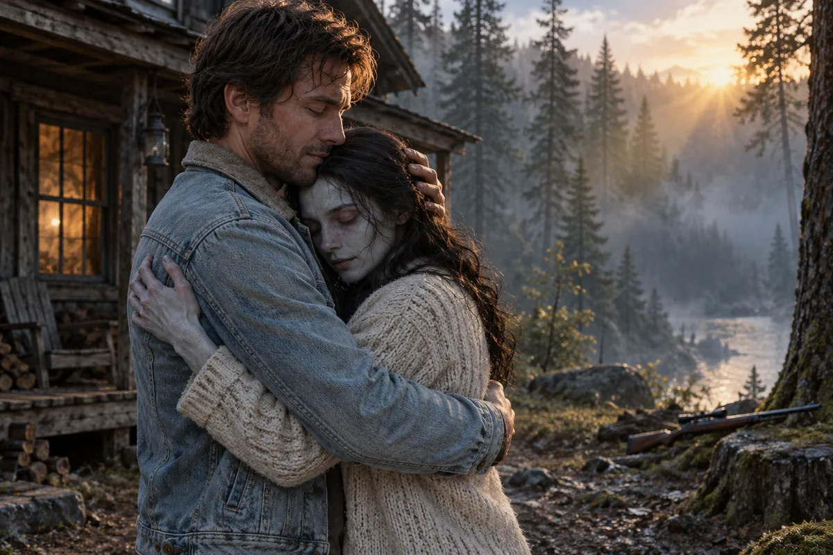 Original AI concept of a fictional adult survivor embracing a pale partner beside a cabin