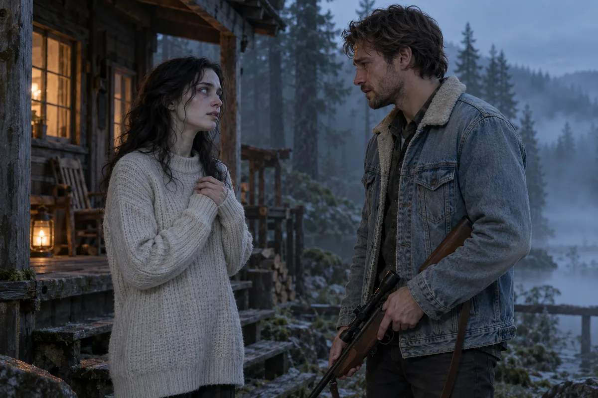 Original AI concept of two fictional adults meeting beside a cold forest cabin, with a prop rifle pointed down