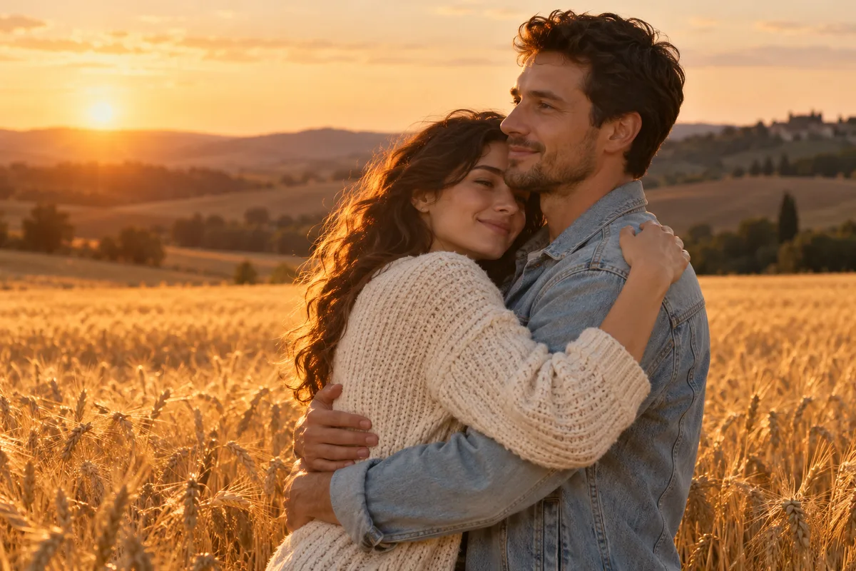 Original AI concept of the same fictional adult couple healthy and embracing in a golden field at sunset